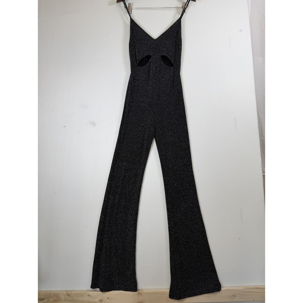 BCBGMAXAZRIA Sparkle Cut-Out Wide Leg‎ Jumpsuit XXS Black